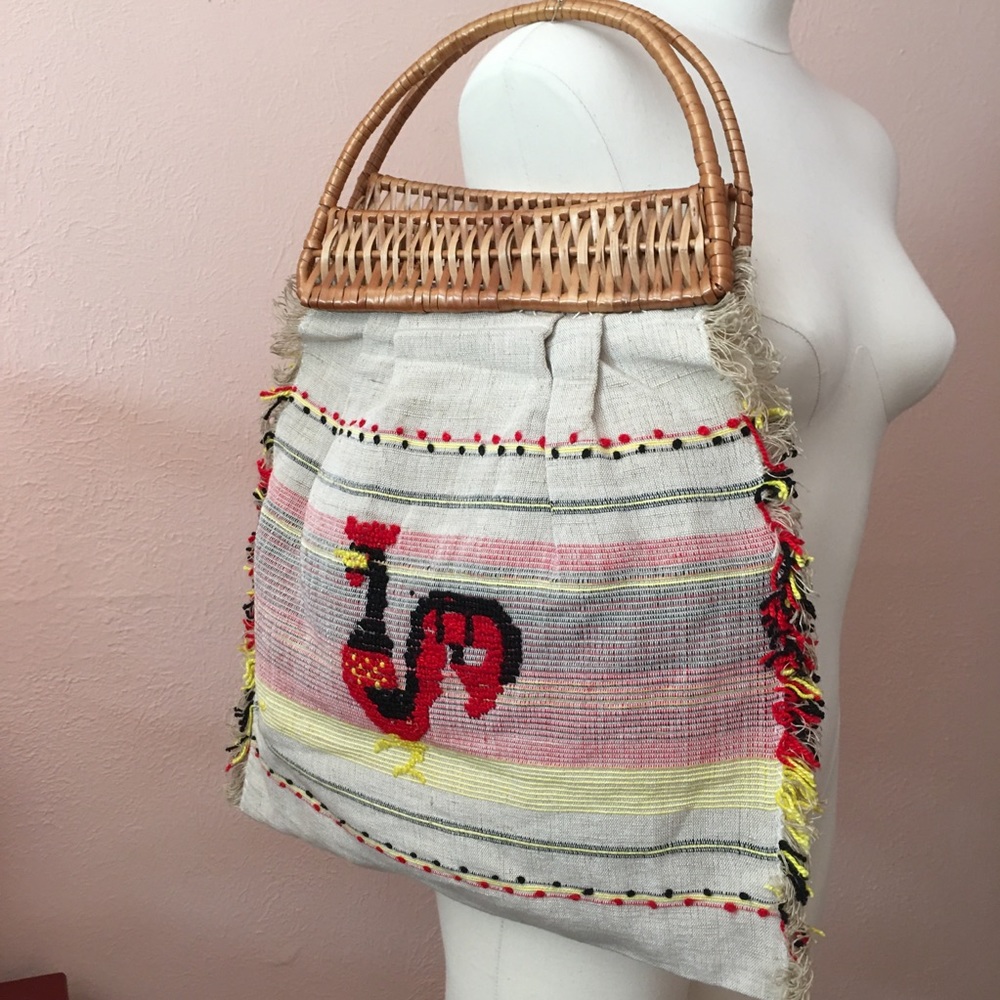 Vintage 1950 Retro Fabric Straw Rooster top handle made in Italy Market Tote Bag - Picture 5 of 14